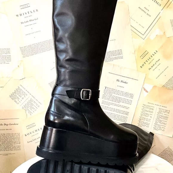 Free People Not For Riding Platform Tall Boot Black Leather Mega Wedge - Picture 9 of 13